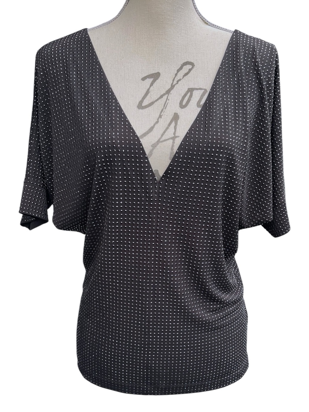 Grayse Black with Black Rhinestone Embellished Deep V Dolman Sleeve Top (S)